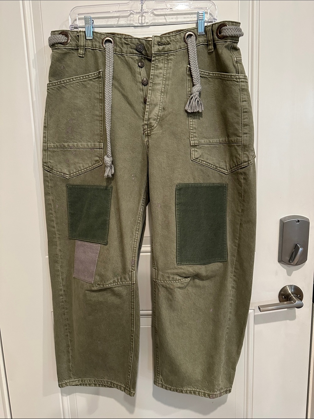 We The Free Olive Green Patch Pocket Cargo Pants with Rope Waist